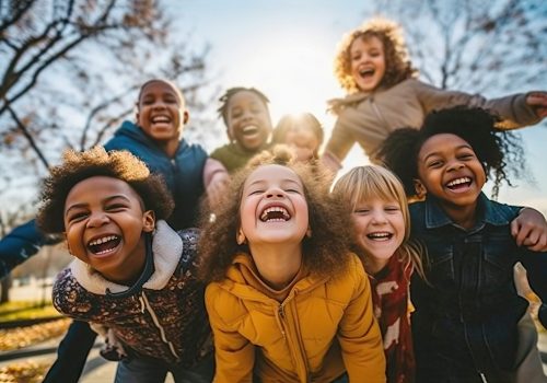 Group of diverse cheerful fun happy multiethnic children outdoors created with Generative AI technology