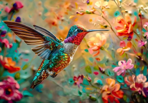 Colibri volant parmi les fleurs, illustration artistique