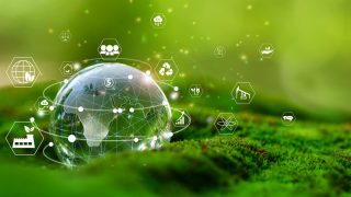 Glass globe in green forest with the icon environment of ESG, co2, circular company, and net zero. Technology Environment, Organization Sustainable development environmental.