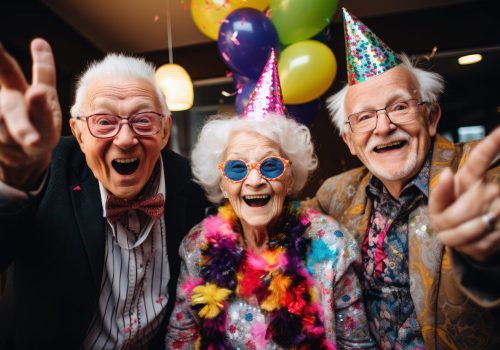 happy senior people smile together celebrating birthday in retirement. party for old people. support each other in retired old age.